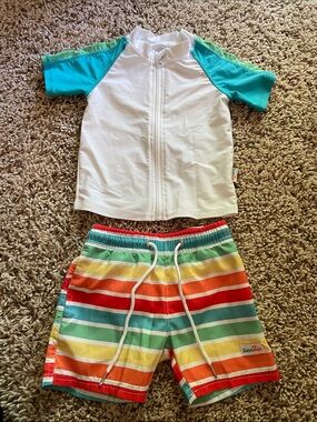 SwimZip Kids White & Teal Rash Guard with Rainbow Stripe Swim Trunks